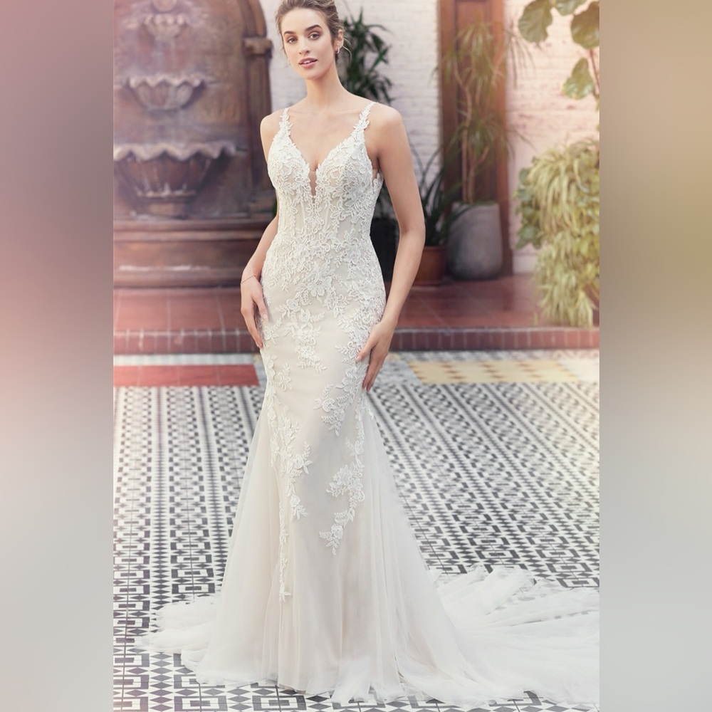 Elegant Ivory/Nude/Ivory Lace Fit and Flair Wedding Dress. Size 12.   P875